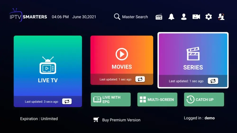 IPTV player home interface with live TV, movies and series categories